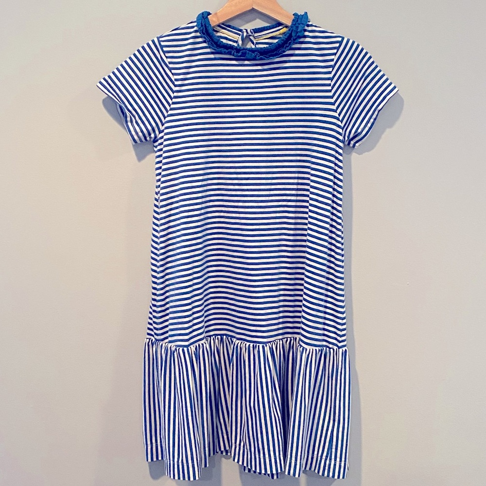 Mini Boden Ruffle Neck Modal Blend Jersey Dress in Blue Stripe
